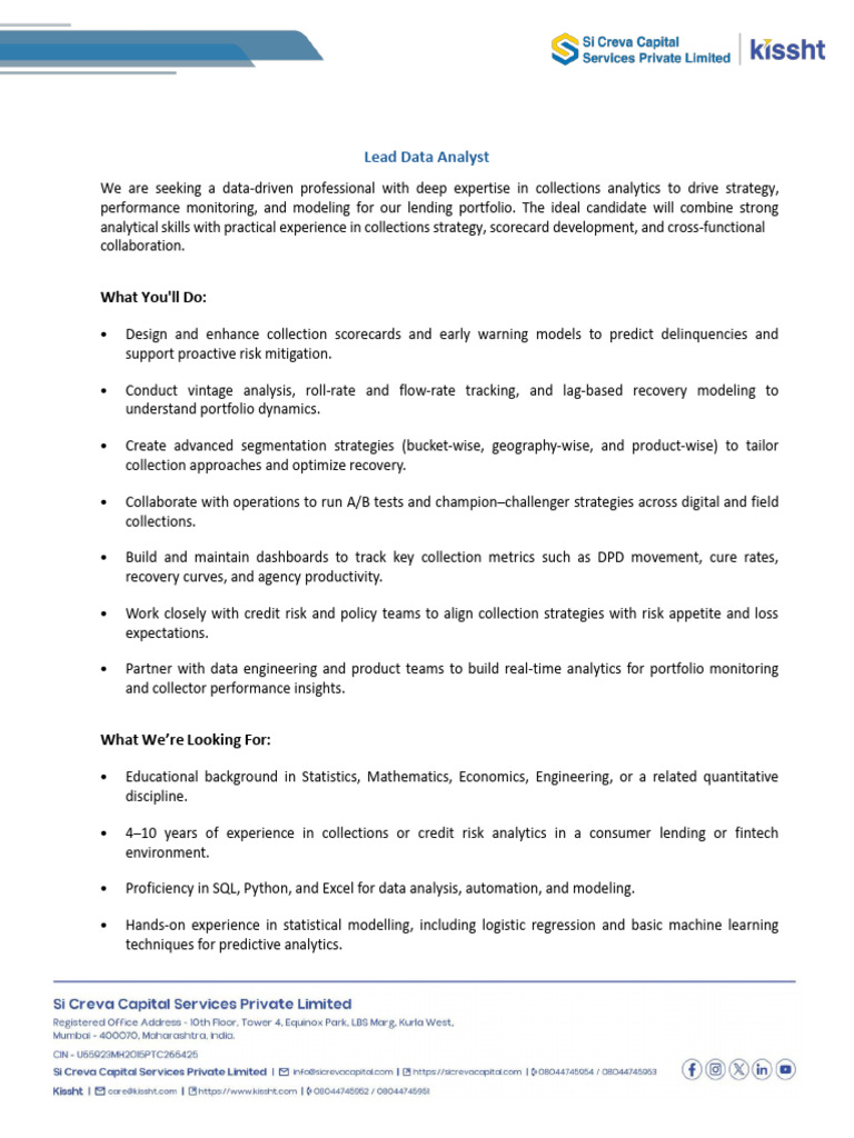 Lead Data Analyst (Collections Analytics & Modelling) - JD | PDF ...