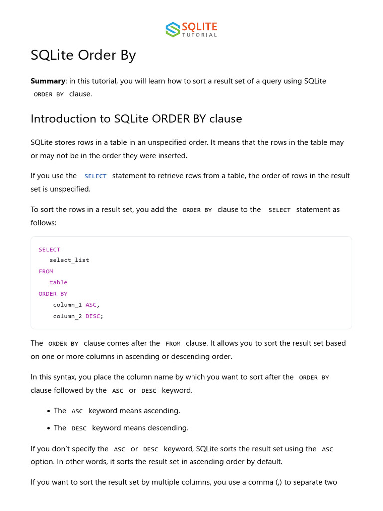 3_SQLite Order by - Sorting Result Set in Various Orders | PDF | Table ...