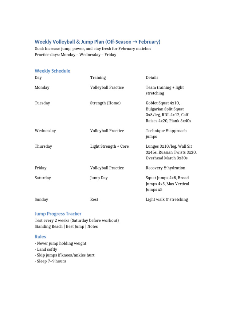 Weekly Volleyball Jump Plan | PDF
