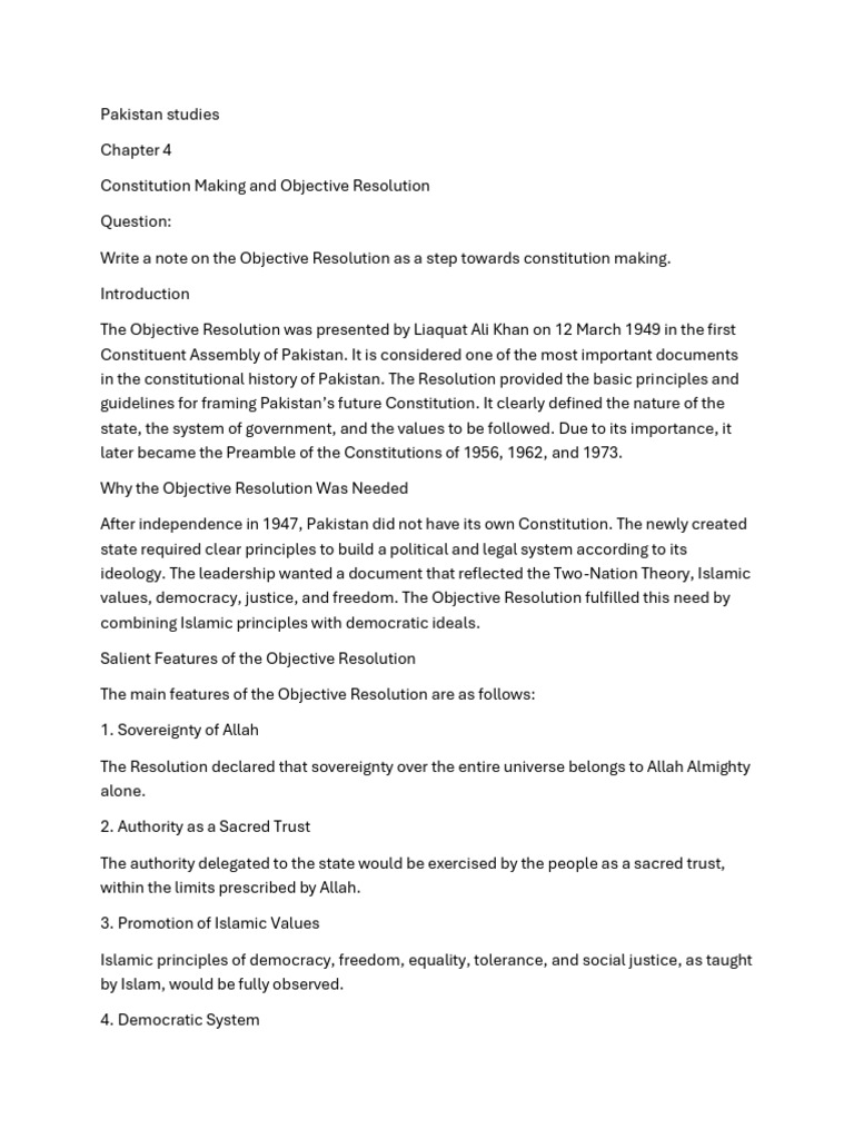 Pakistan studies Chapter 4 Constitustion Making and Objective ...