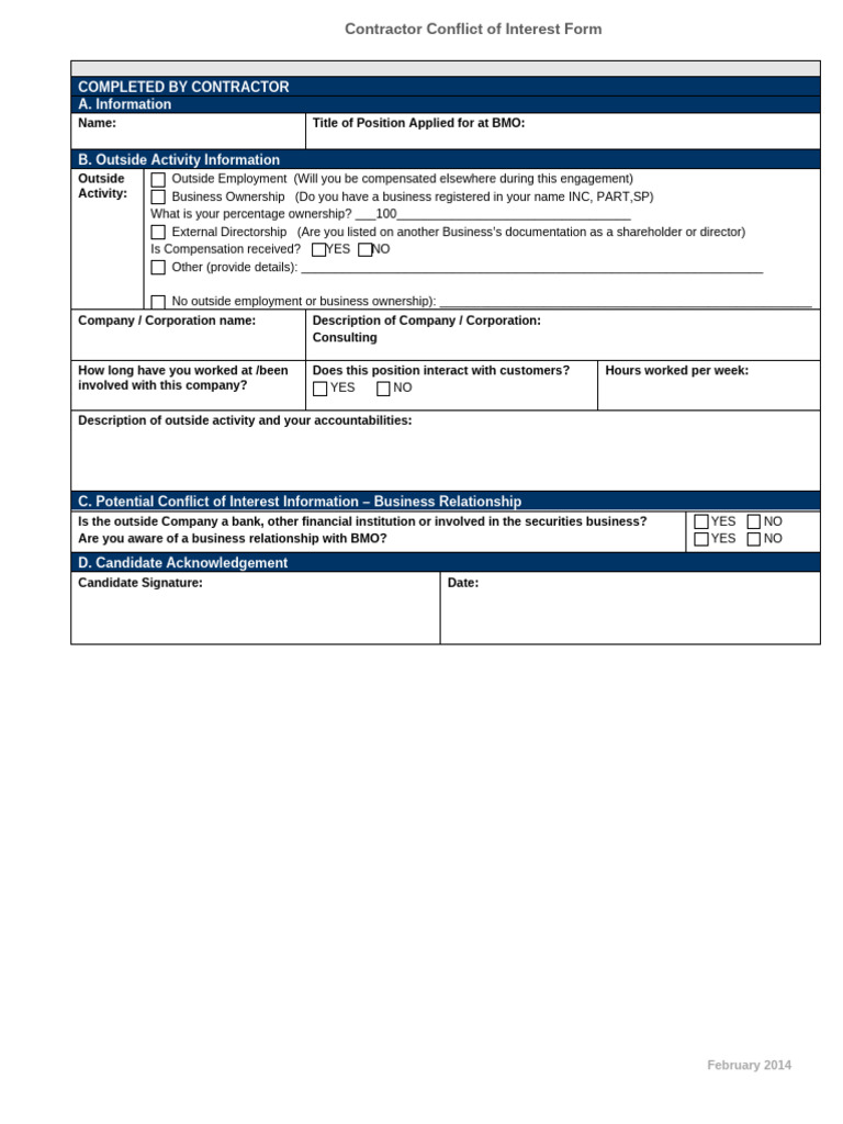 BMO - Contractor Conflict of Interest Form_Blank | PDF