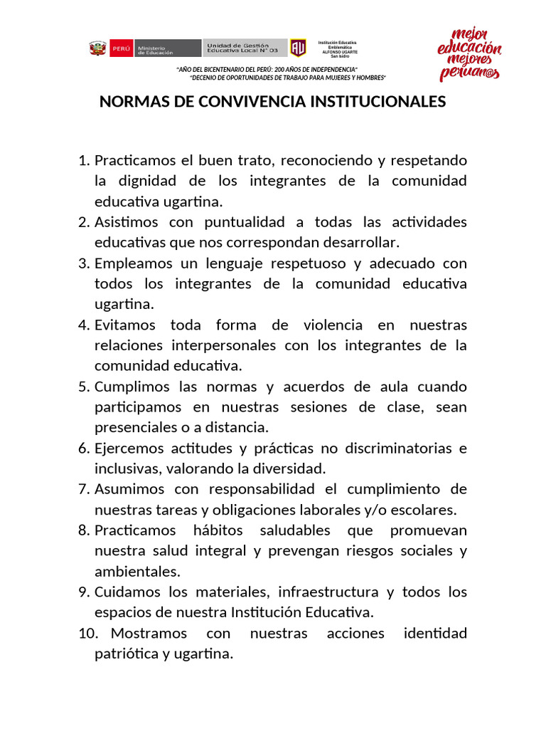 Normas de Convivencia Institucionales | PDF