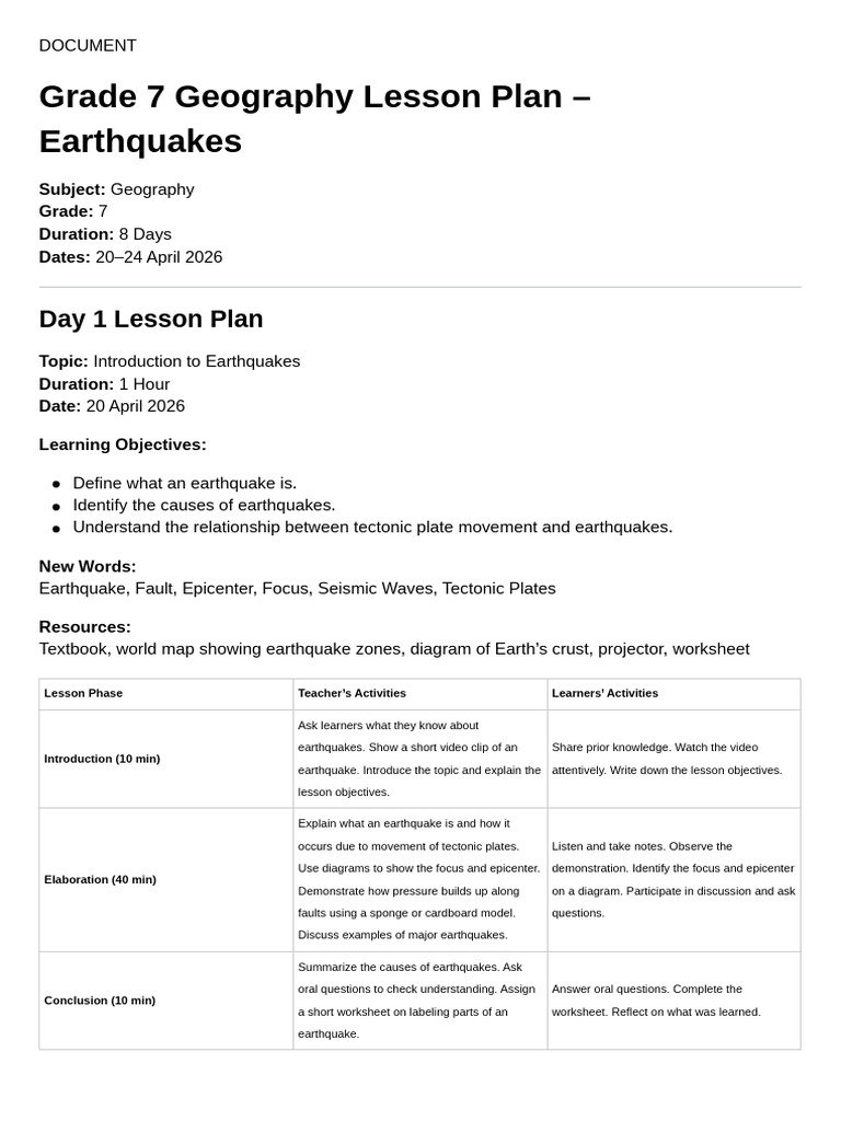 Grade 7 Geography Lesson plan | PDF | Earthquakes | Plate Tectonics