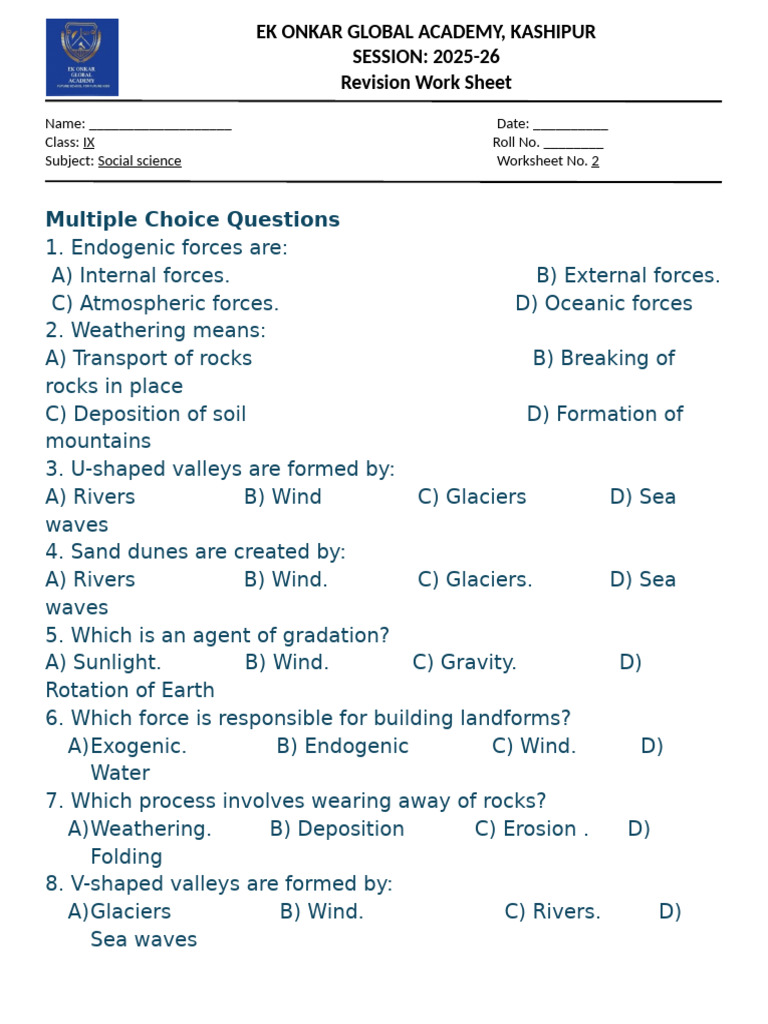 Worksheet - Class 9 -Ch-2 | PDF | Erosion | Earth Sciences