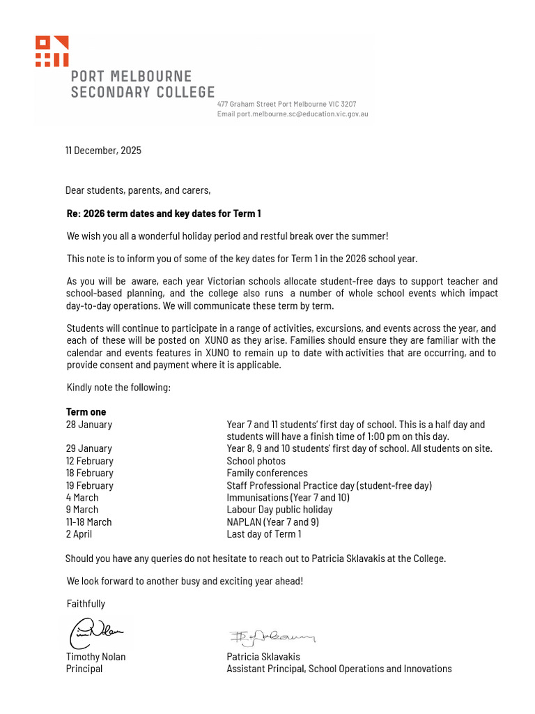 2026 - Term 1 - Key Dates Letter (Families) | PDF