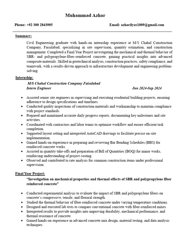 Muhammad Azhar CV | PDF | Reinforced Concrete | Concrete