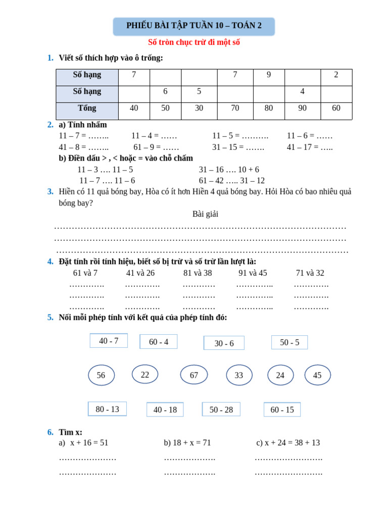Phieu Bai Tap Tuan 10 Toan Lop 2 | PDF