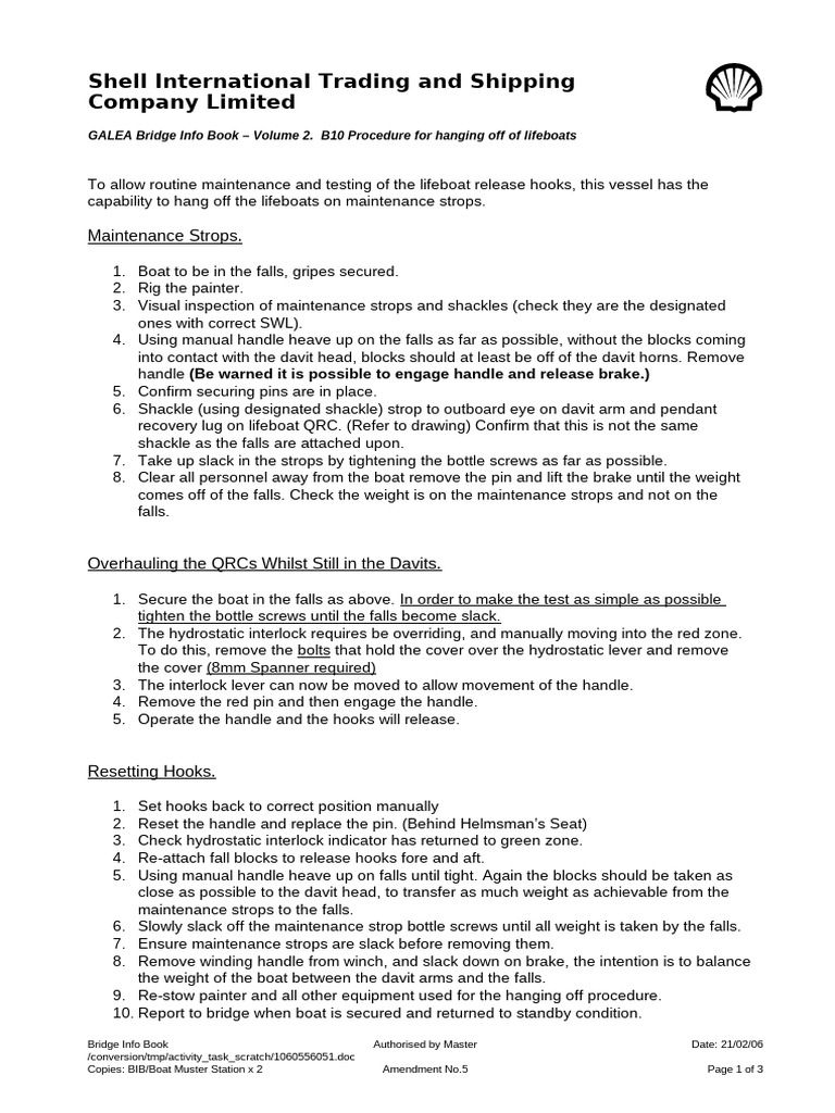 B010 Procedure for the Hanging Off of Lifeboats | PDF