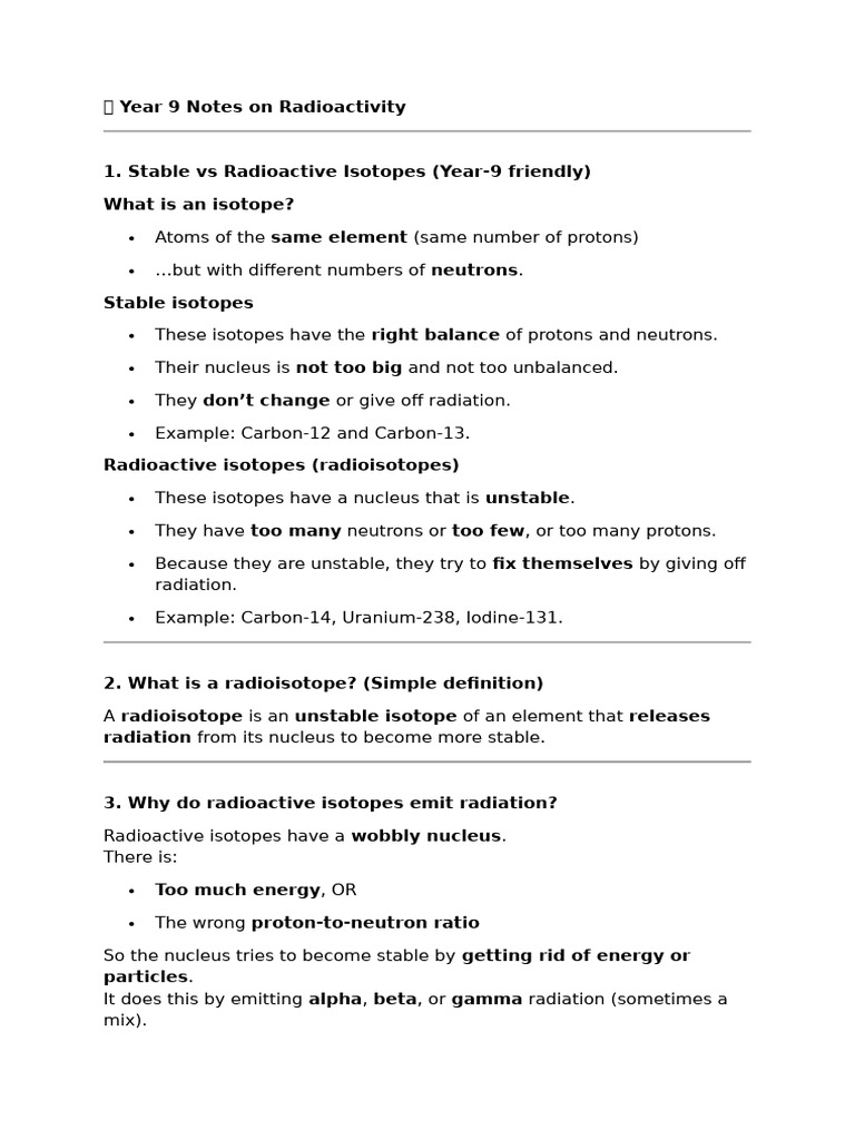 Year 9 - Radioisotopes and decay notes | PDF | Radioactive Decay | Neutron