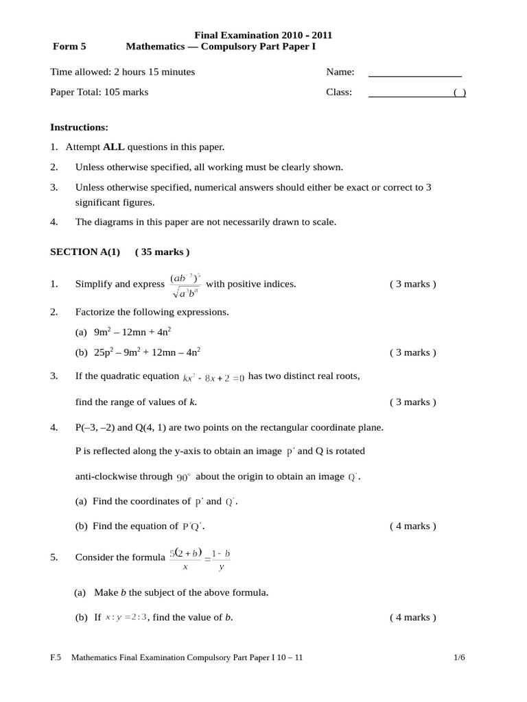 F5 Math I FE (10-11) | PDF | Circle | Equations