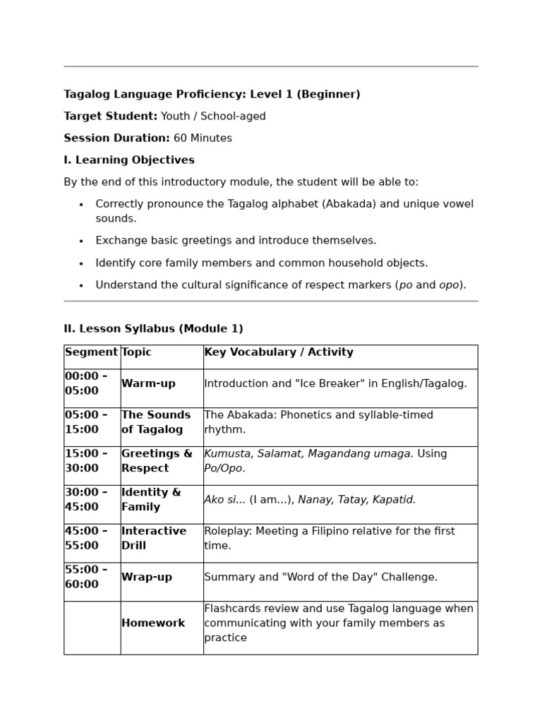 Tagalog Language Proficiency | PDF