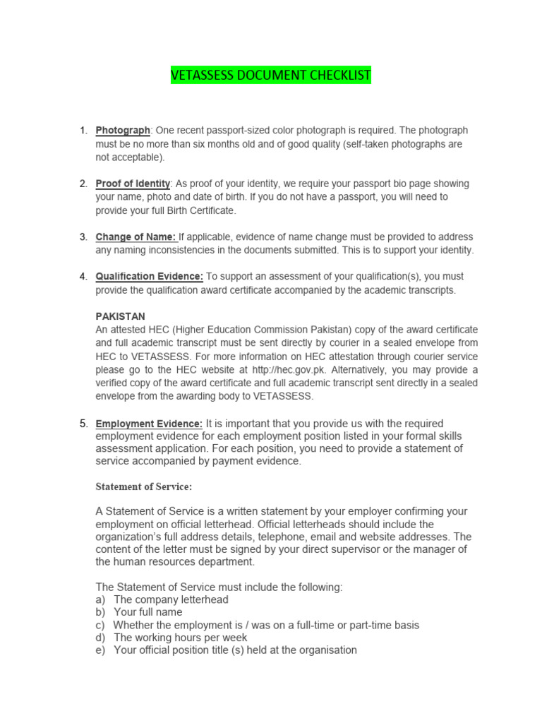 Vetassess Document Checklist | PDF
