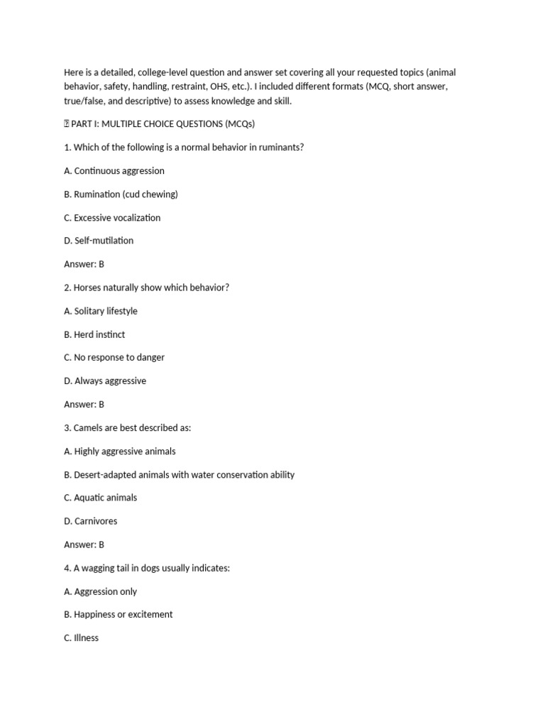 Restraining Animals Test 1 | PDF | Cats | Horses