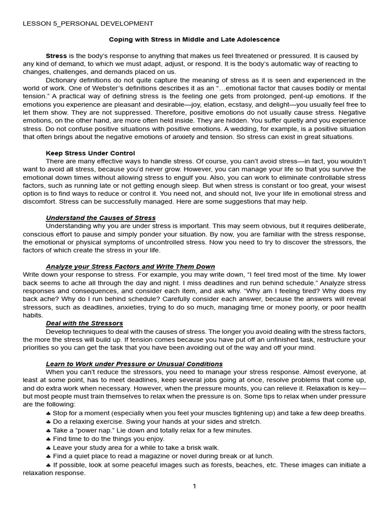 PERDEV LESSON 5 Coping With Stress | PDF | Stress (Biology) | Fight Or ...