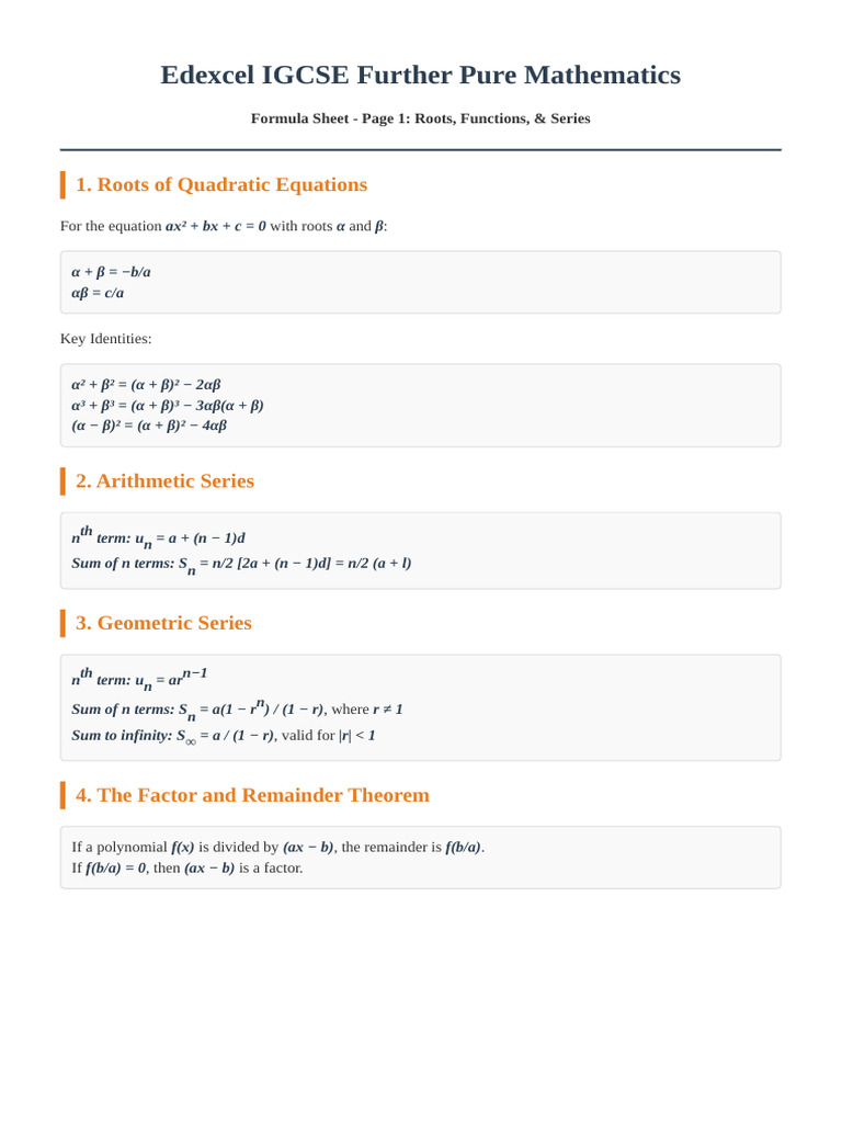 Edexcel Further Pure Maths Formula Sheet | PDF | Algebra | Mathematical ...