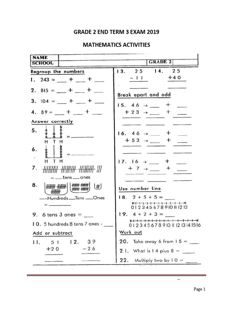 Mathematics Activities Grade 2 End Term 3 2019 | PDF