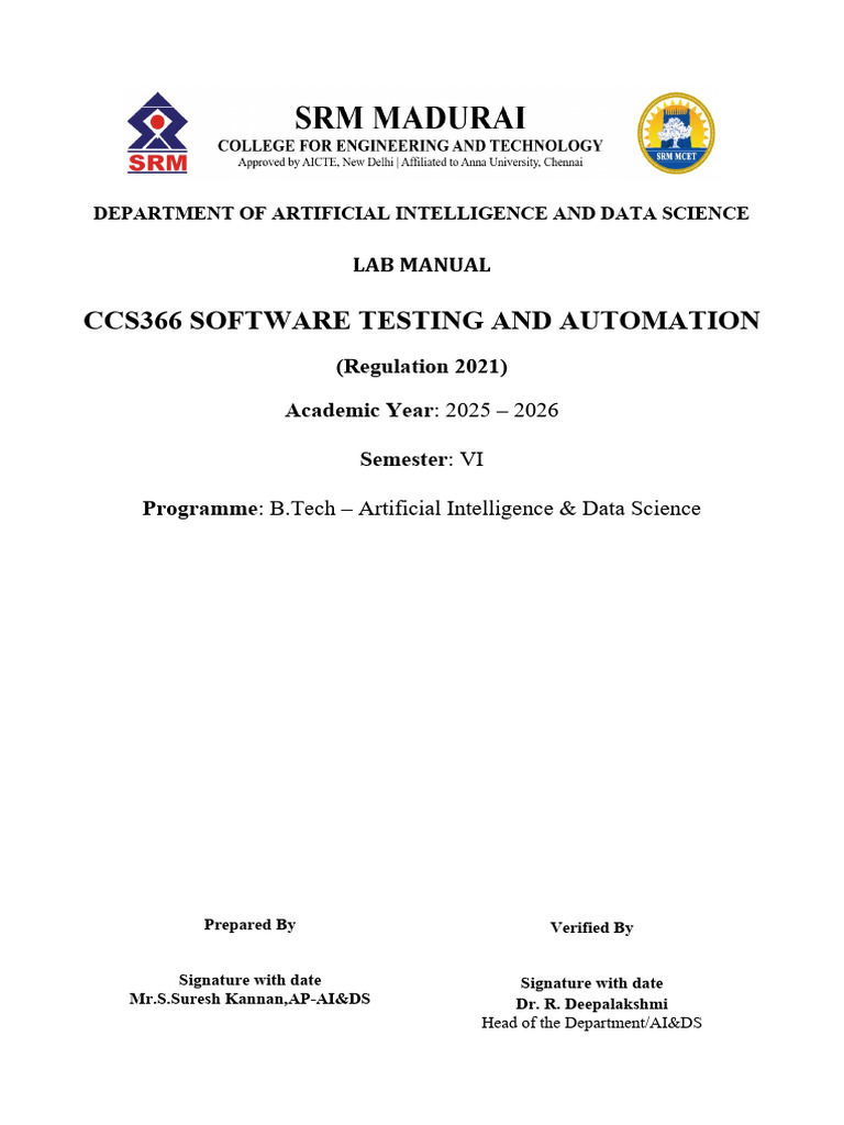 CCS366 SOFTWARE TESTING AND AUTOMATION Lab Manual | PDF