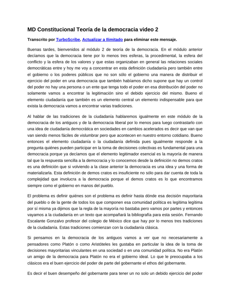 MD Constitucional Teoría de la democracia video 2 | PDF