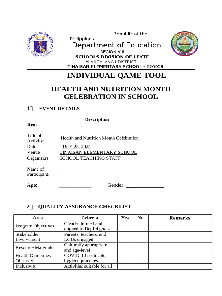 Individual and Summary of Qame for All Activities Conducted in School 1 ...