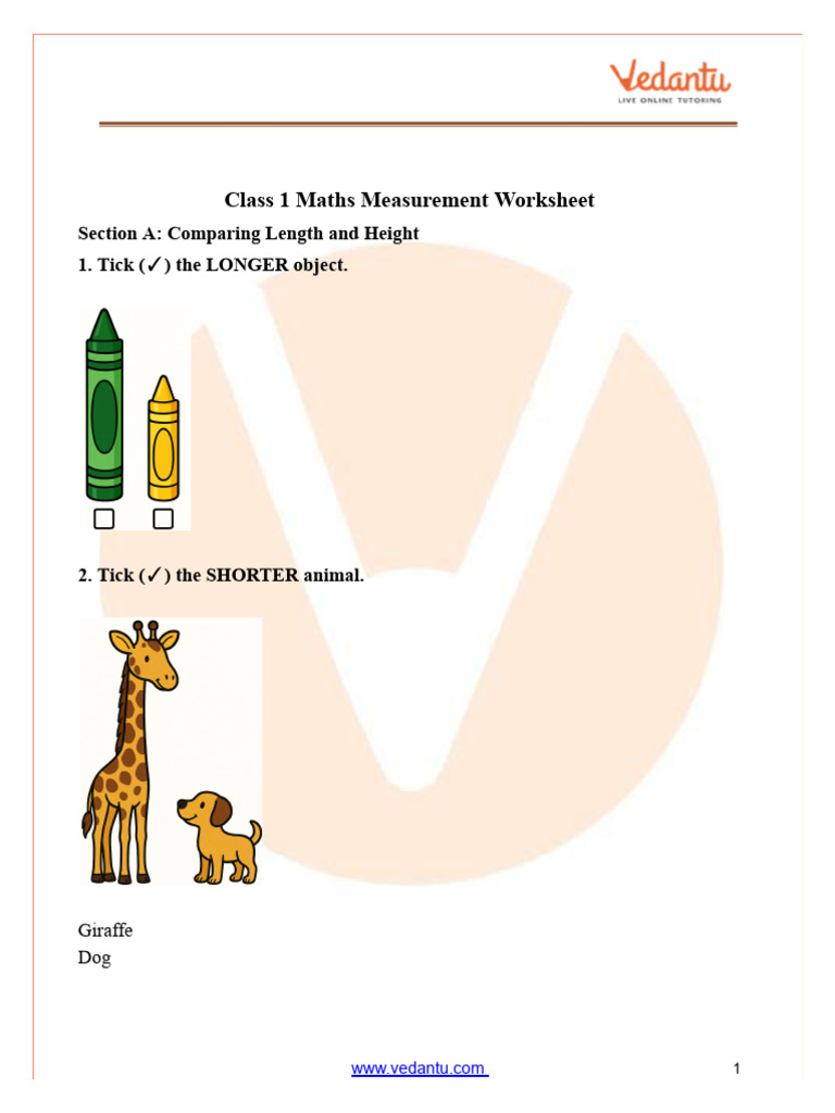 Class 1 Maths Measurement Worksheet PDF – Free Practice & Answers | PDF