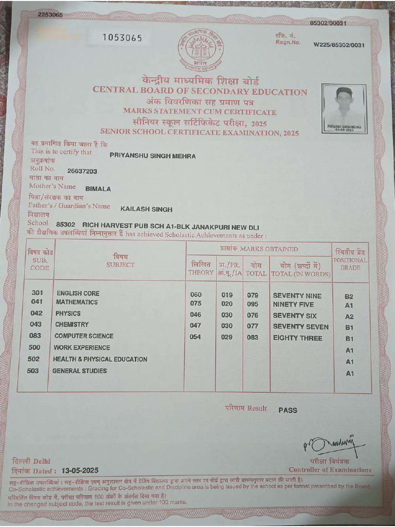 12th Class Marksheet | PDF