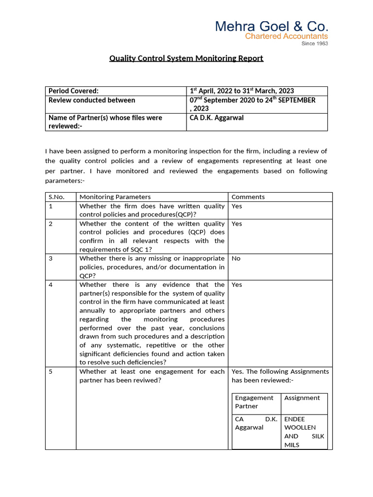 18. Quality Control System Monitoring Report | PDF