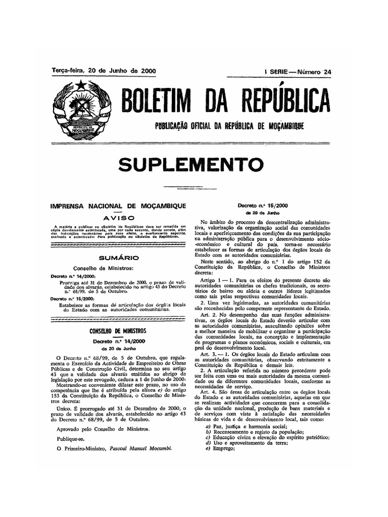 MZ Government Gazette Series I Supplement Dated 2000-06-20 No 24 | PDF ...
