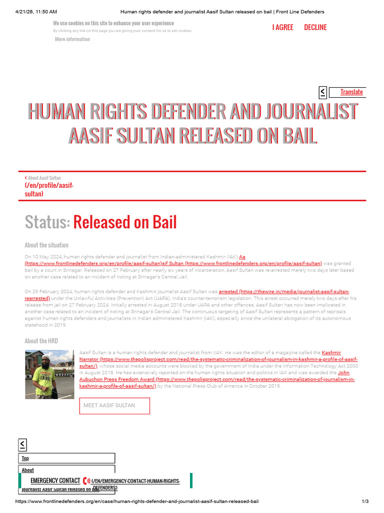 Human Rights Defender and Journalist Aasif Sultan Released on Bail ...