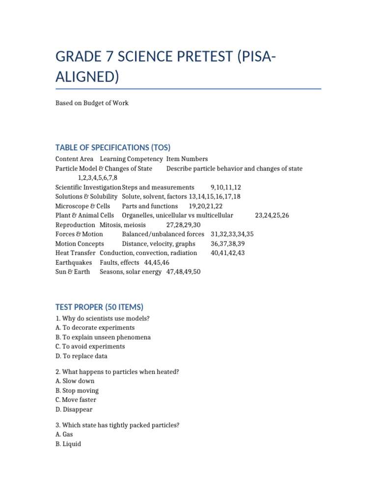 Grade7 Science Pretest | PDF | Liquids | Force