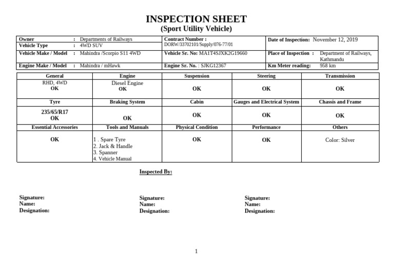 INSPECTION Sheet SUV Mahindra Scorpio | PDF