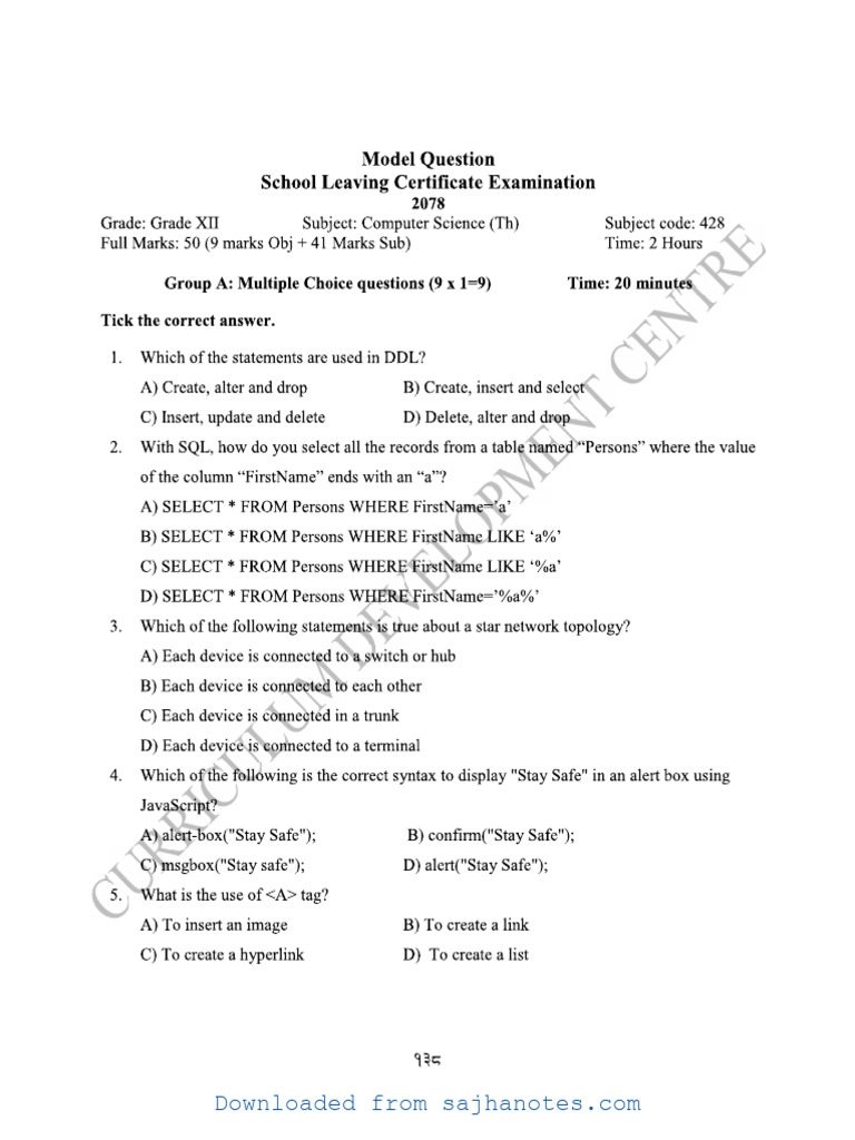 NEB Grade 12 Computer Science Model Paper (1) | PDF