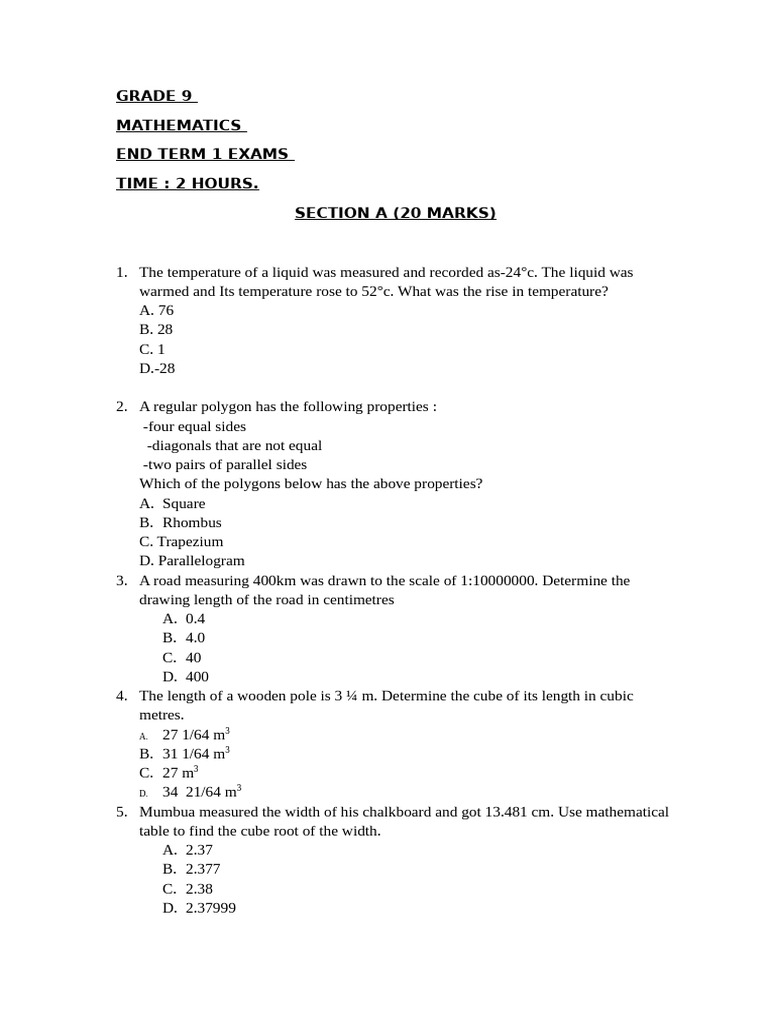 Grade 9 - Maths - End Term 1 | PDF | Area | Circle