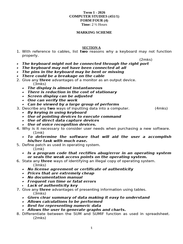 2026 Term 1 Computer Pp1 Form 4 Marking Scheme | PDF | Computer Program ...