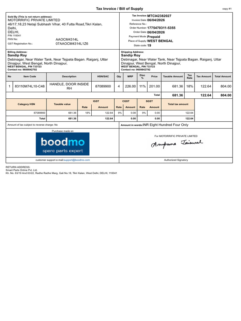 Boodmo Invoice MTCI42382027 | PDF | Invoice | Trade