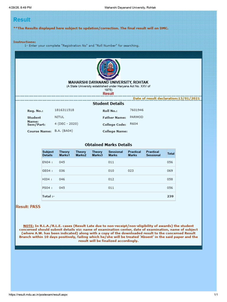 4th Semester Marksheet | PDF