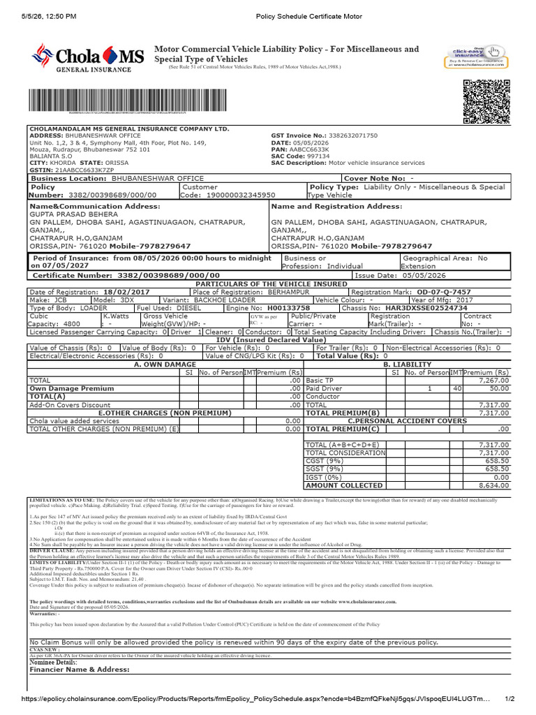 Policy Schedule Certificate Motor 1888 | PDF | Insurance | Vehicles