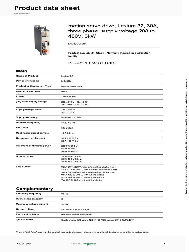 Schneider Electric Lexium 32 Servo Drives Motors LXM32MD30N4 | PDF ...
