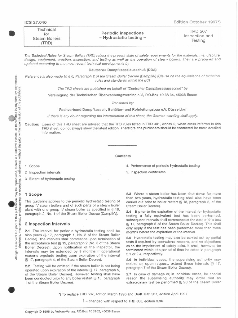 TRD 507 - 1997 - Periodic Inspections - Hydrostatic Testing | PDF
