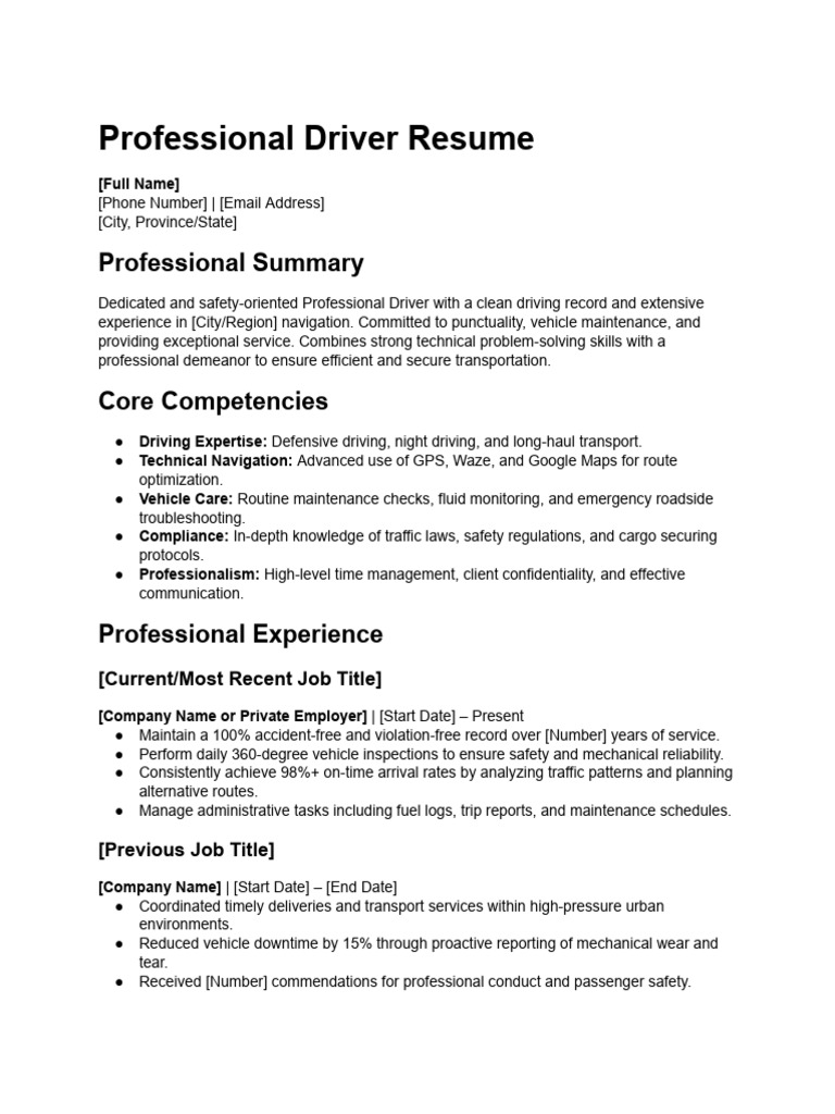 Professional Driver Resume Template | PDF