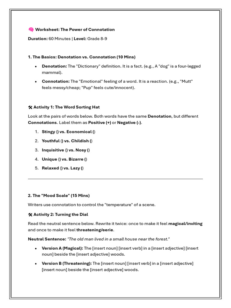 ? Worksheet_ the Power of Connotation | PDF | Adjective | Language ...