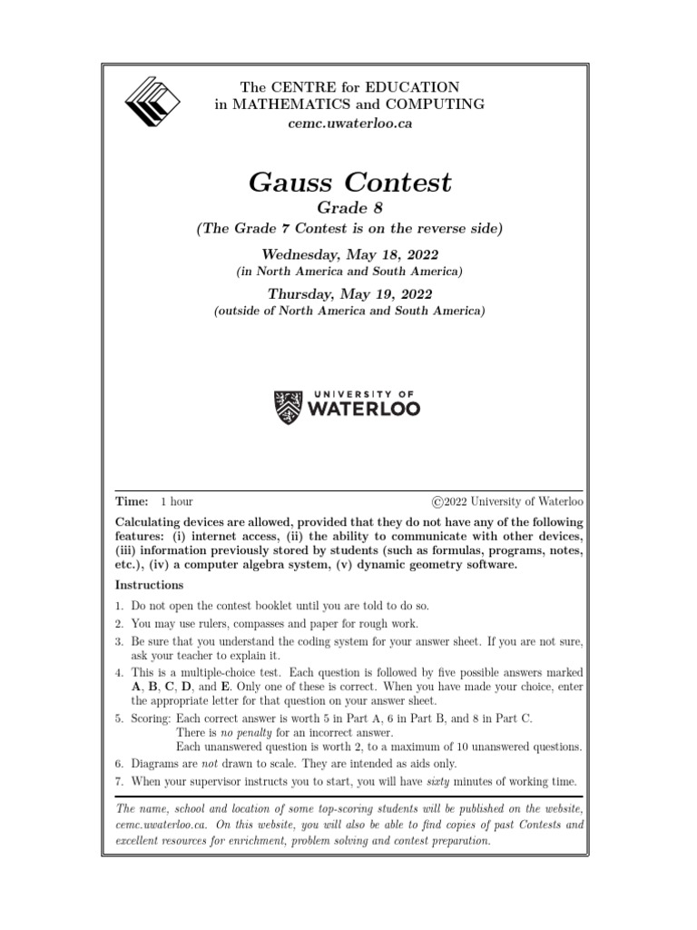 GaussCombinedG8Contest-1-15 | PDF | Multiple Choice | Mathematics