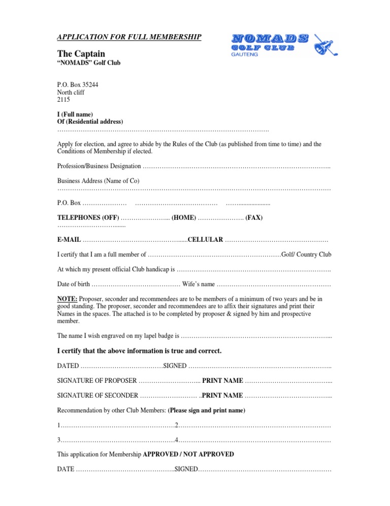 Nomads Golf Club Membership Application | PDF