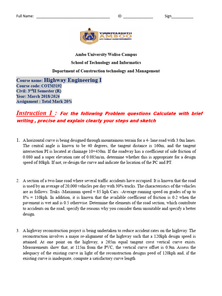 Assignmnet Highway Engineering I COTM 3rd Yr Sem II 2018 April 2026 (1 ...