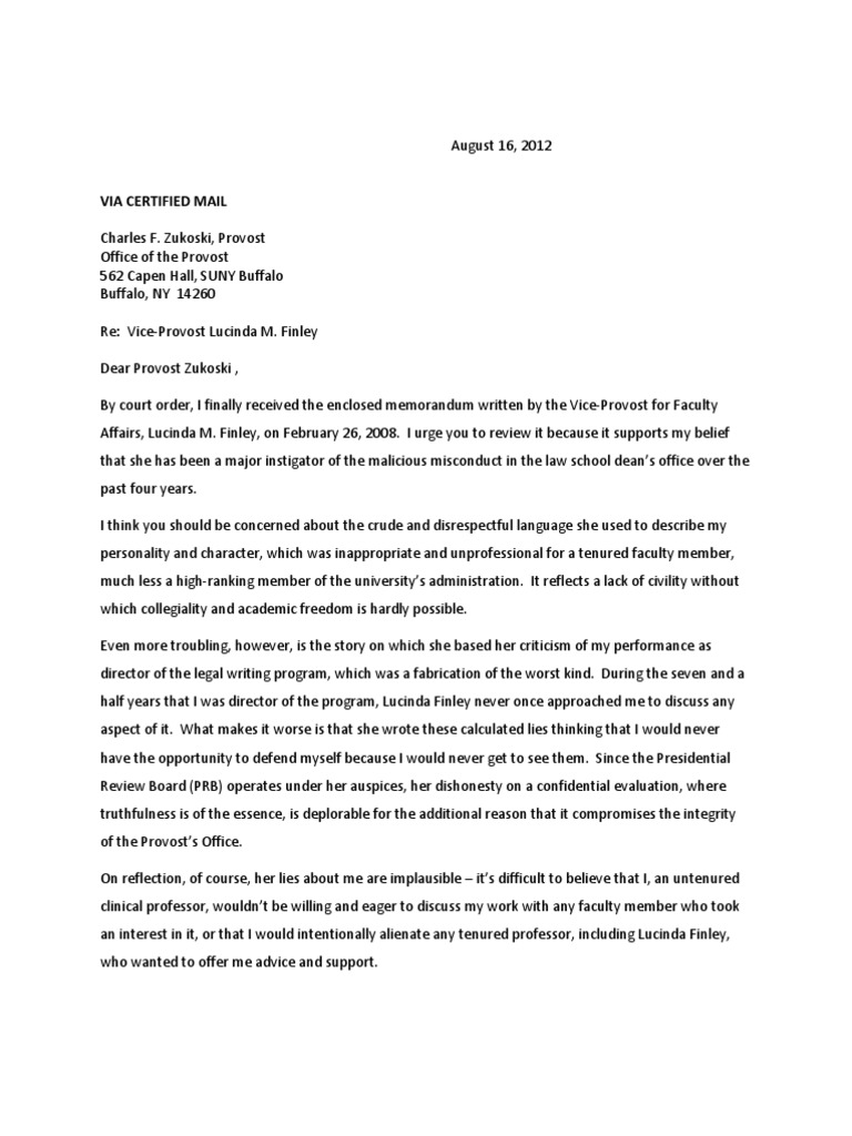 Zukoski Letter August 16 2012 re ViceProvost Lucinda M. Finley