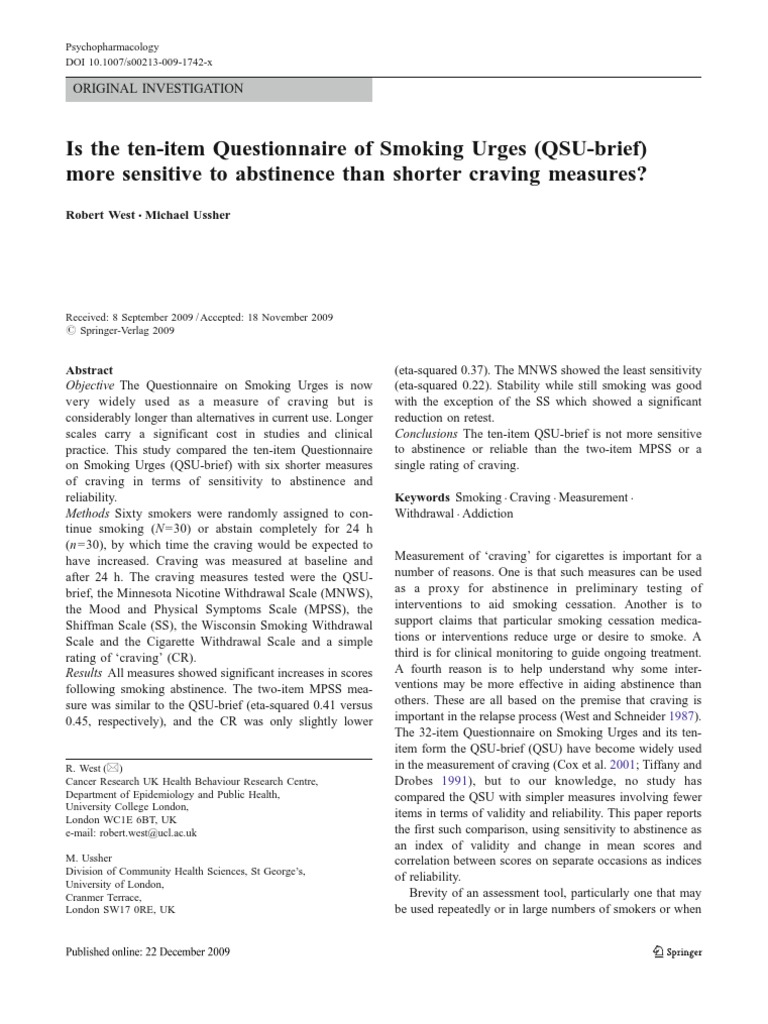 Questionnaire of Smoking Urges PDF Smoking Cessation Cigarette