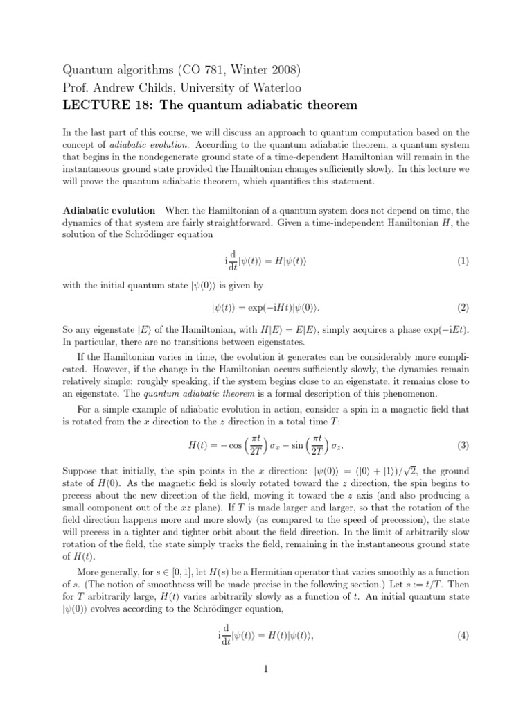 Adiabatic Theorem | PDF | Hamiltonian (Quantum Mechanics) | Quantum ...