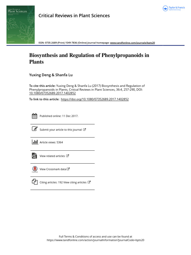 Deng (2017). Biosynthesis and Regulation of Phenylpropanoids in Plants ...