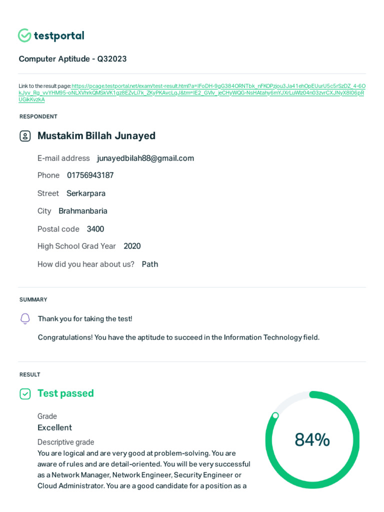 Computer Aptitude - Q32023 - Test Summary | PDF