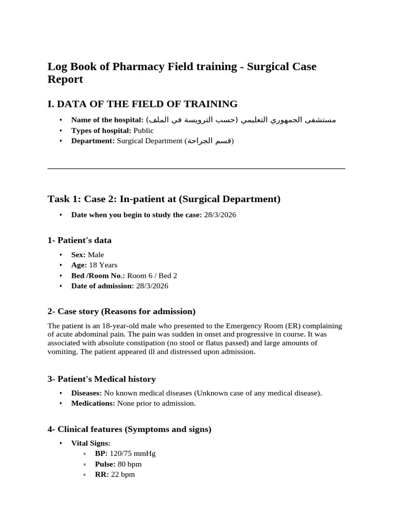 Log Book of Pharmacy Field Training - Surgical Case Report | PDF ...