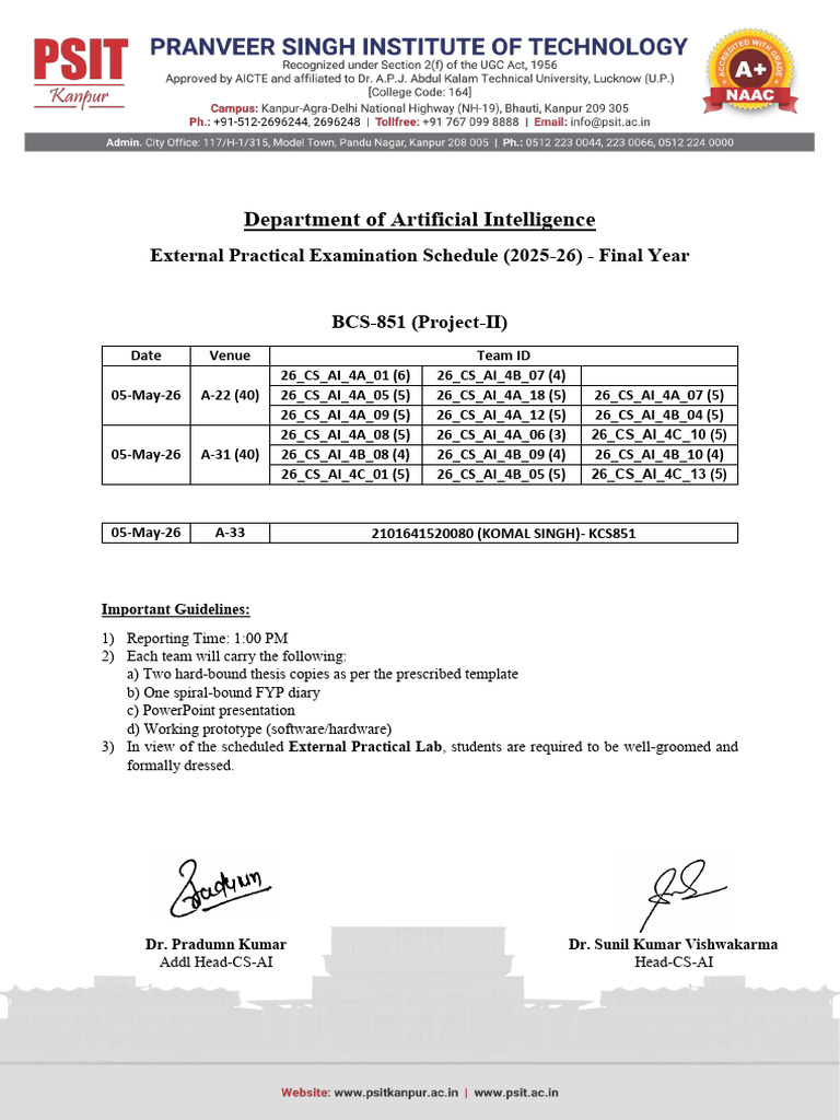 CS-AI 4th Year External Practical Schedule 5 May 2026 | PDF